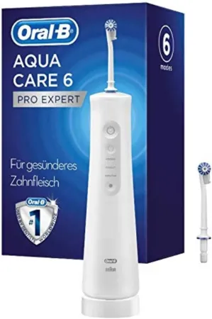 Oral-B AquaCare 6 Pro-Expert Oral irrigator, 2 Replacement nozzles, interdental Cleaner with 6 Brushing Modes for Gentle