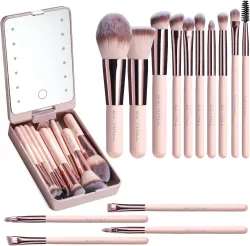 BS-MALL Travel Makeup Brush Set Foundation Powder Concealers Eye Shadows Makeup Set with LED light Mirror 14 Pcs Pink